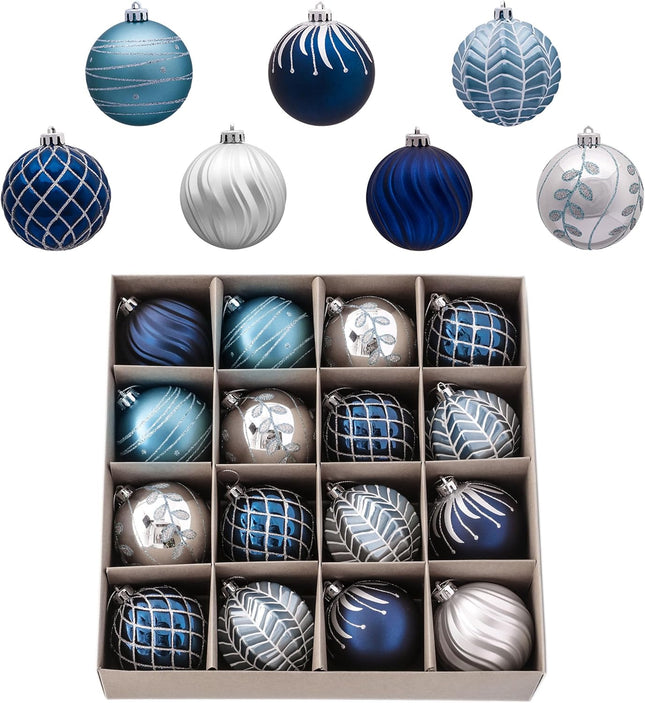 Valery Madelyn Christmas Ornaments Set, 16ct Navy Blue and Silver Shatterproof Fall Christmas Tree Decorations Ball Ornaments Bulk, 3.15 Inches Elegant Hanging Ornaments for Xmas Trees Decor