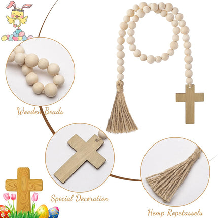 L1rabe Easter Wooden Bead Garland - Easter Jesus Cross Ornaments Bead Decoration Easter Hanging Decor Fireplace Ornaments Farmhouse Tiered Tray Prayer Bead for Easter Spring Holiday Party