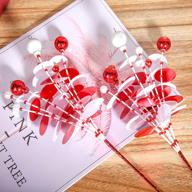6PC Set 12" H Red White Christmas Ornaments Sequins Ball Pick, Christmas Tree Decorations Christmas Tree Topper Star Home Office Perfect Party Decorations s