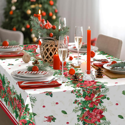 12Pcs Christmas Holly Poinsettia Tablecloths, Holly Berry Red Ribbon Table Cloth Disposable Rectangle Plastic Holly Poinsettia Table Covers for Xmas Holiday Party Decorations and Supplies,54x108inch