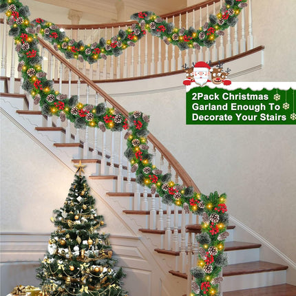 [ 2 Pack & Timer 8 Modes ] 9 Ft 100 LED Each Prelit Christmas Garland Lights 300 Thick Branch 198 Red Berry 18 Snowy Pinecone Waterproof Xmas Garland Christmas Decorations, Total 18 Ft 200 Warm Lights