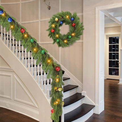 Ceenna 6.2FT Pre Lit Christmas Cedar Garland with Lights Artificial Pine Garland Christmas Decorations with Ball Ornaments,8 Modes Timer Battery Operated for Outdoor Indoor(Red, Green, Gold, Blue)