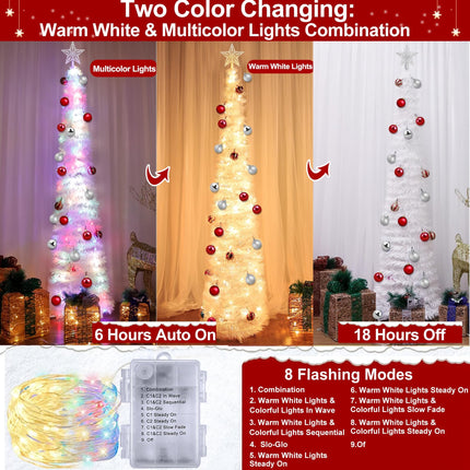 5 Ft Pop Up Christmas Tree with Timer Dual Color Change 8 Mode, 1 Minute Christmas Tree 50 Warm White & Colorful Light 3D Star 25 Ball Ornament Battery Operated Slim Tinsel White Xmas Tree Indoor