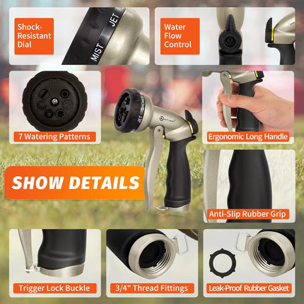 AUTOMAN Garden Hose Nozzle – 7 Patterns Sprayer, 100% Metal High Pressure Spray Nozzle, Labor-Saving Design, Heavy Duty Water Hose Nozzle for Garden Watering, Car Washing, Window Cleaning,Pets Bathing