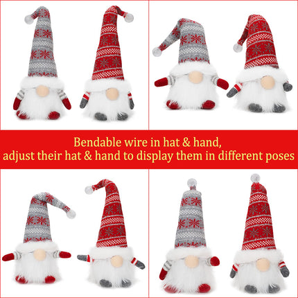 BAODLON Christmas Gnome Decorations with Light, 13.4 Inches Set of 2 Knitted Hat Nisse Figurine Plush Swedish Nordic Tomte Scandinavian Elf X'Mas Holiday Party Home Table Decor Ornaments (Red & Grey)