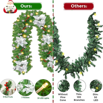 Christmas Garland,Christmas Garland with Lights,Outdoor Christmas Garland,9ft pre-lit Christmas Garland for Interior Decoration,Fireplaces,Stairs,Door Christmas Garlands Decorations Battery Operated