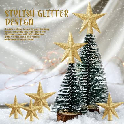 Hiboom 6 Pcs Christmas Tree Star Topper Mini Lightweight Small Glitter Xmas Tree Topper Christmas Tree Decoration for Christmas Tree Ornaments Holiday Indoor and Outdoor Treetop Decoration (Golden)