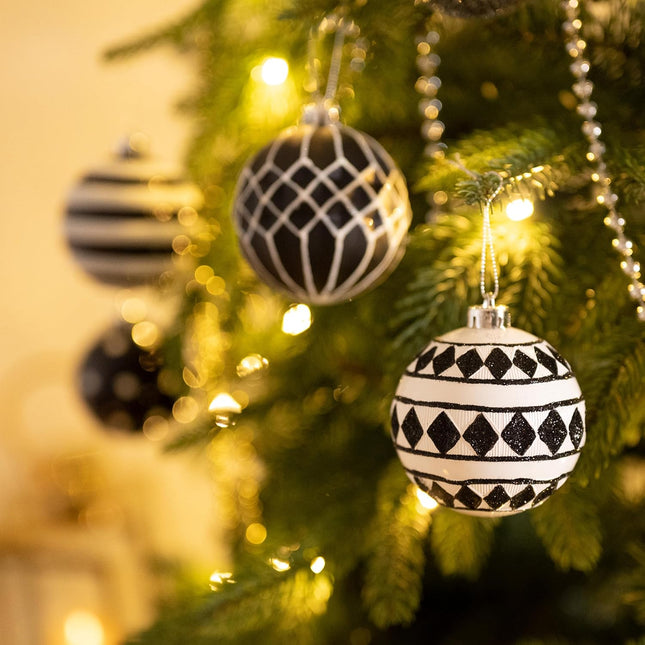 Valery Madelyn Large Christmas Ornaments Tree Decorations, 16ct Black White Boho Shatterproof Christmas Ball Ornaments Set, 3.15 Inch Modern Hanging Ornament Bulk for Xmas Holiday Party Decor