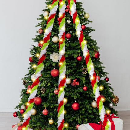 Jutom 50 Ft Christmas Tree Garland Lime Green LED Lighted Faux Fur Ribbon Trim Artificial Furry Stripe Roll Garland for Xmas Holiday Winter Indoor and Outdoor Decoration(Red Green White)