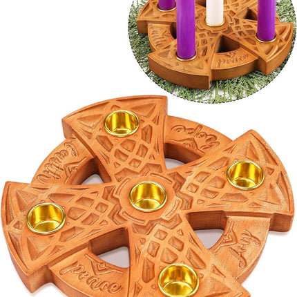 Nitial Advent Candle Holder for Christian Wood Nativity Ring Candle Holder with Metal Celtic Knot for Xmas Candles Centerpiece Decorations Religious