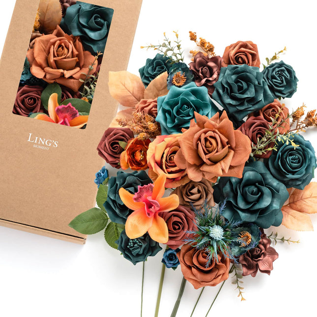 Ling's Moment Terracotta Artificial Flowers and Greenery Combo Box Set, Teal & Terracotta Fake Flower for DIY Wedding Bridal Bouquet, Centerpieces Decor, Floral Arrangement Decor, etc.