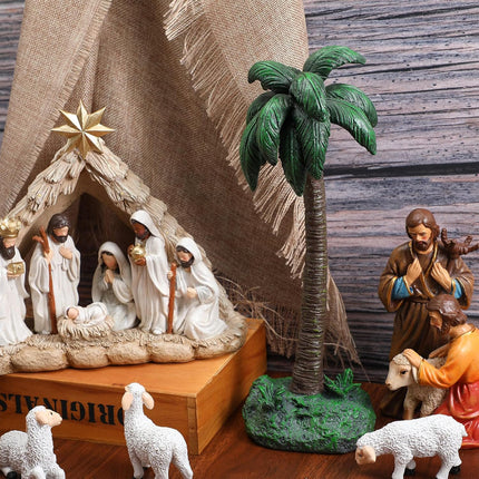 Christmas Realistic Palm Tree Artificial Single Palm Tree Resin Table Top Nativity Figurine for Christmas Nativity Scene Indoor s, 11.8'' Apply to 7'' and 10'' Scale Collection
