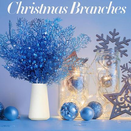 Tigeen 12 Pcs Large Christmas Tree Picks Bulk Glitter Branches Berries Stems Decorations 15.75'' Christmas Twigs Filler Berry Picks for Vase Christmas Tree Ornaments (Blue)
