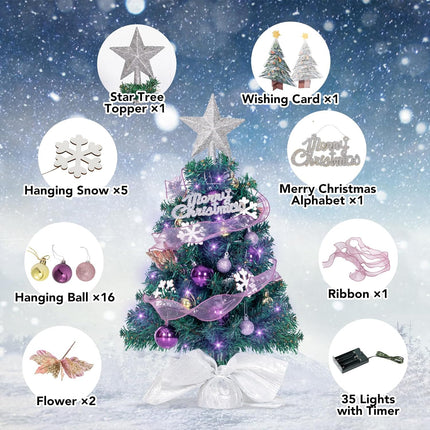 NALONE Mini Christmas Tree with Lights and Timer, 24 Inch Snow Flocked Small Christmas Tree with 28 Pcs Ornaments, 90 Branch Tips Tabletop Christmas Tree for Holiday Decoration (Purple)
