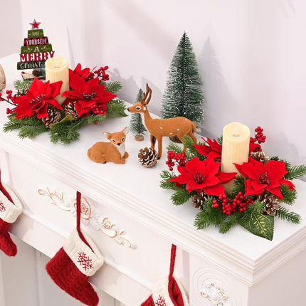 MARTINE MALL 2 Pcs Christmas Candle Rings, 12 In Artificial Poinsettia Candle Rings, Red Berry Gold Pinecones Candle Ring Holder Christmas Decoration for Pillars Rustic Wedding Centerpiece Table Decor