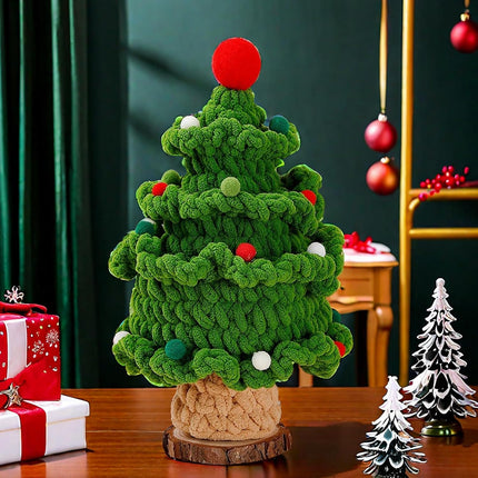 Mini Small Christmas Tree Handcrafted Knit Yarn Tabletop Christmas Trees with Adorable Pom Poms Wood Base Xmas Eve Festive Desktop Decor Cute Warm Holiday Accent Unique Handmade Idea