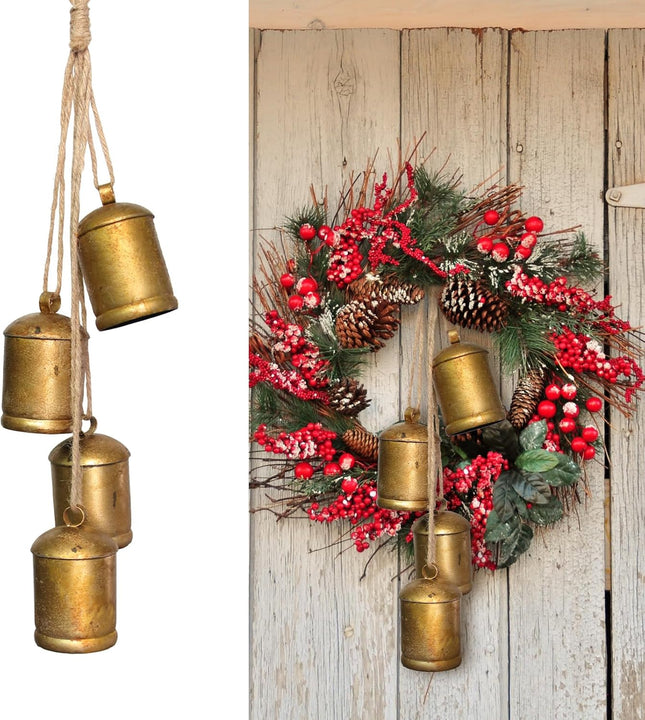 Set of 4 Christmas Bells for Decoration, Harmony Cow Bells Vintage Handmade Rustic Lucky Hanging Bells, Metal Vintage Bells with Jute Hanging Rope