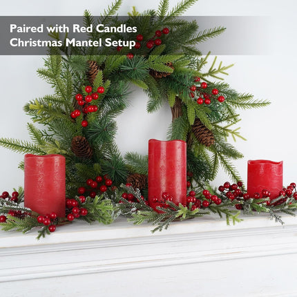 Rhytsing 3 Artificial Christmas Cedar Candle Rings with Red Berries for Pillar Candles, Christmas Wreath for Candlestick Holders, Table Centerpiece, and Dining Table, Inner Diameter: 3.5"