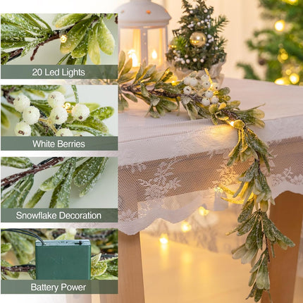 Ethlomoer 6.6FT Pre-lit Christmas Garland with 20 LED Lights, Battery Operated, Flocked Olive Lighted Garland with Snowflakes for Mantle Stairs Wall, Indoor&Outdoor, Greenery Garland for Christmas Dec