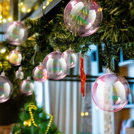 Wettarn 50 Pcs Christmas Iridescent Ornaments Balls 1.2'' 2'' 3.2'' 4'' Transparent DIY Shatterproof Hanging Christmas Rainbow Christmas Ornaments Decorations Xmas Tree Wreath Holiday Party(Pink)