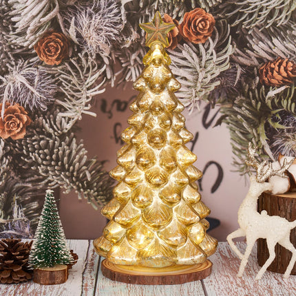 Mercury Glass Christmas Tree 11 Inches Battery Operated Timer Lighted Gold Xmas Star Trees Decorations Table Top Centerpiece Mantel Window Home Decor