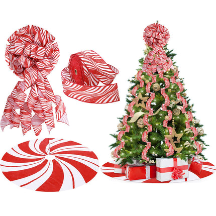 Christmas Tree Decoration set Include Christmas Tree Topper Bow, Decorative Strips Ribbon, Christmas Tree Skirt with Annual Ring for Farmhouse, Wreath Crafts Decorations(Candy Style, 40 Inch)