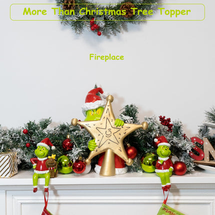 10 inch Christmas Tree Topper, Cute and Funny Christmas Thief Hiding Behind Gold Star Sculpted Tree Topper, Hand-Painted Unique Red Green Xmas Monster Decorations for Table Shelves Home Indoor