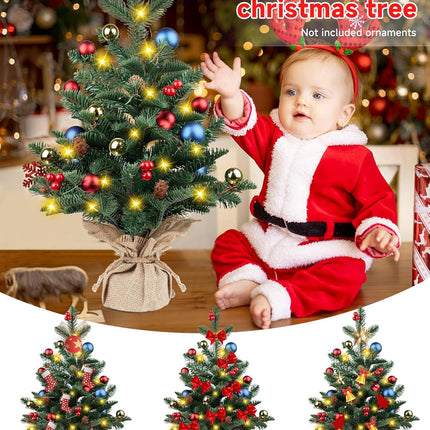 24 Inch Pre-lit Artificial Mini Christmas Tree, Vlorart Christmas Tree Tabletop Small Christmas Tree with Lights Includes Colored Balls, Berries, Pine Cones, and Cloth Bag Base