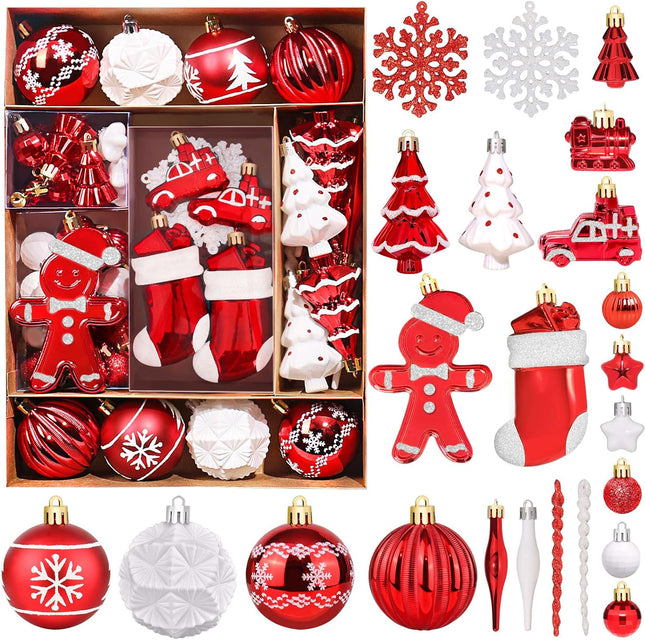 FestiveBliss Christmas Ornaments 71 Count, Christmas Balls, Christmas Decorations for Tree, 23, Shatterproof Christmas Ornaments, Red and White Ornaments Christmas, Plastic Ornaments