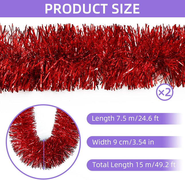 50 Feet Red Tinsel Garland Christmas Foil Tinsel Garland Decoration Metallic Banner Wall Hanging Tinsel Streamers Garland for Christmas Tree Birthday Party Decorations (3.54" x 50', Red)