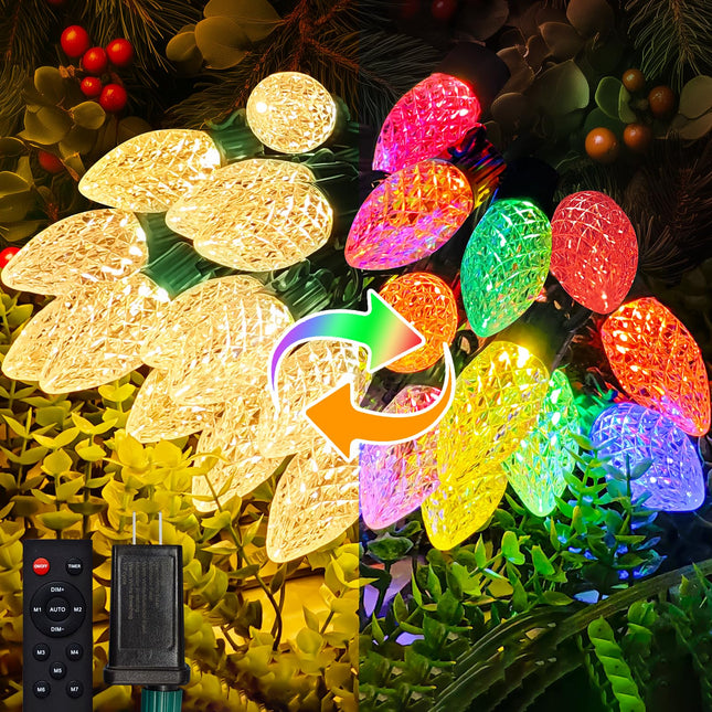 kolpop C9 LED Christmas Lights Outdoor, 50FT String Lights with Remote Control & Timer, 8 Modes Waterproof Large Bulb Strawberry String Lights for Tree House Roof Party Decor (Warm & Multicolor)
