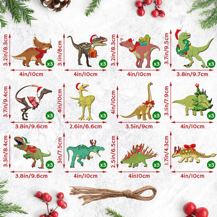 36 Pieces Christmas Dinosaur Ornament Wood Dinosaur Christmas Tree Topper Wooden Dinosaur Christmas Tree Decorations Funny Xmas Decorative Hanging Ornaments Dinosaur Wood Cutouts for Kids Boy Party