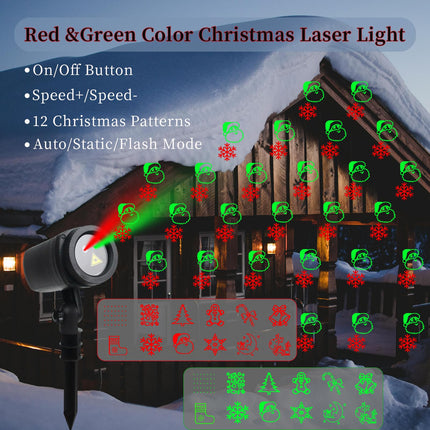 Christmas Laser Lights Projector,12 Patterns for Xmas with RF Remote,Red and Green Star Show,for Outdoor and Indoor, Christmas, Holiday, Party Decor