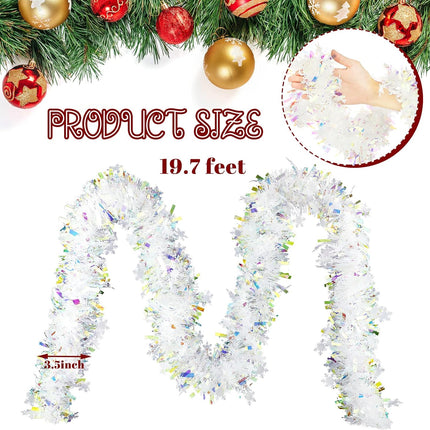 19.7 Feet Christmas Tinsel Garland Artificial Christmas Garland Xmas Metallic Twist Hanging Garland Fireplace Mantel Wreath Decor for Staircase Railing Indoor Outdoor Ornaments (Snowflake Style)