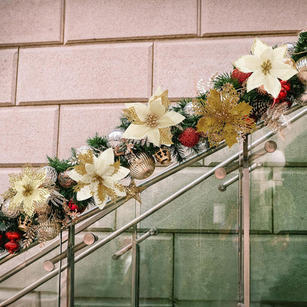 38Pcs Gold Christmas Decorations Set Include 24Pcs Artificial Christmas Flowers, Clamp and Stem, 12Pcs Holly Berry Stems, 2Pcs Ribbon, Poinsettia Christmas Tree Picks for Wreaths Garland Decor