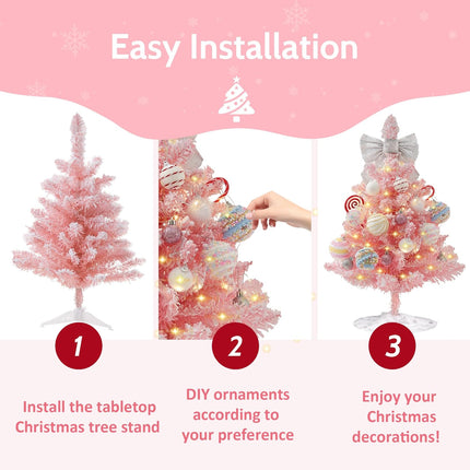 Mini Pink Christmas Tree, 2ft Artificial Small Tabletop Christmas Tree, Table Top Christmas Tree with Bow, Ball Ornaments and White Tree Skirt DIY Christmas Decorations