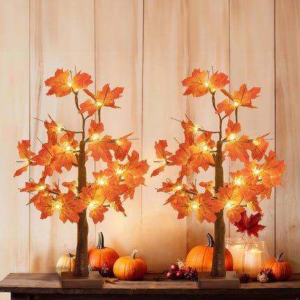 2 Pack Fall Lighted Maple Tree, 48 LED Lights, USB+Battery Operated 24-inch Thanksgiving Table Centerpieces Decoration Artificial Tree Fall Decorations for Office Home Tabletop Indoor Decor Kitchen