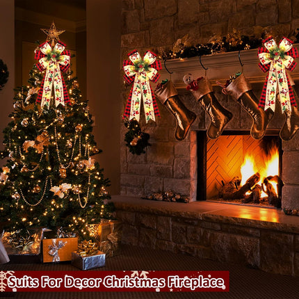 2 Pcs Prelit Christmas Bows Decor with 20 Lights, Santa Bells Black Red Buffalo Plaid Xmas Bows 20" by 11" Christmas Tree Wreaths Garland Bow Battery Powered Christmas Decorations Home Indoor Outdoor