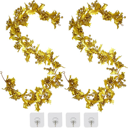 2 Pack Christmas Garland Decorations, 11Ft Holly Leaves with Golden Berry Garland for Christmas Tree Staircase Mantle Indoor Outdoor Holiday Decoration (Golden Yellow)