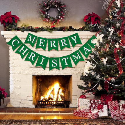 Whaline Christmas Burlap Banner Canvas Merry Christmas Green Banner Bunting Garland Pre-Assembled Hanging Xmas Decorations for Christmas Party Supplies Home Fireplace Wall