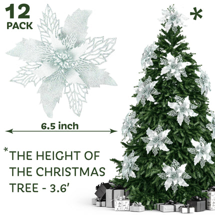 Ubrave 12PCS White Poinsettia Christmas Tree Decorations Glitter Artificial Poinsettia Flowers White Poinsettia Christmas Tree Ornaments, Easy to Apply with Box