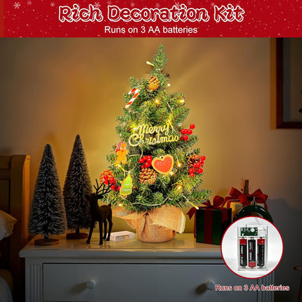 24" Mini Christmas Tree with LED Lights, Small Tabletop Christmas Tree for Indoor Christmas Decorations with Sign, Red Berries, Pine Cones, Hanging Cards,Ideal Christmas Decor for Home, Office & Party