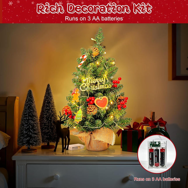 24" Mini Christmas Tree with LED Lights, Small Tabletop Christmas Tree for Indoor Christmas Decorations with Sign, Red Berries, Pine Cones, Hanging Cards,Ideal Christmas Decor for Home, Office & Party