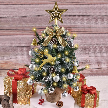 Artificial Mini Christmas Tree with LED Lights, 21 Inch Table Top Christmas Tree with Pine Cones, Silver Balls, and Gold Fawn for Holiday and Christmas Decoration