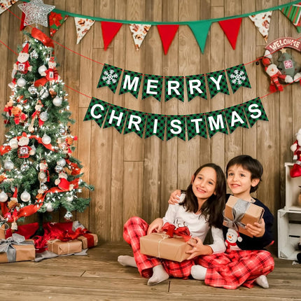 Merry Christmas Banner, Red Green Buffalo Plaid Check Holiday Garland, Rustic Snowflake and Letter Bunting, Fun Wall Mantel Hanging Christmas Decorations for Home, Office, and Xmas Party Supplies