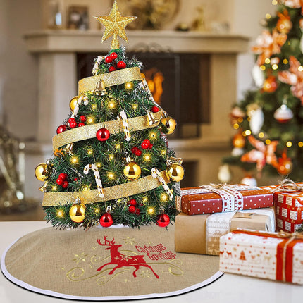 yuboo Mini Christmas Tree Skirt Burlap, 21 inches Small Tree Skirt Mat with Deer Christmas Decor and Snowflakes for Rustic Farmhouse Christmas Decorations