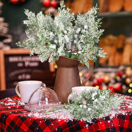 Lyrow 24 Pcs Christmas Artificial Juniper Cedar Branches Picks Spray with Berry Faux Greenery Spray Branches Cedar Twig Stems for Holiday Winter Ornament Crafts Wreath Garland (White Berry with Snow)
