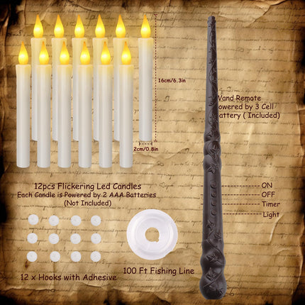 Floating Candles with Magic Wand Remote-Halloween Decorations 12 PCS LED Flameless Taper Candle with Remote Timer-Battery Operated Flickering Hanging Xmas Candle Lights Best for Christmas Decor
