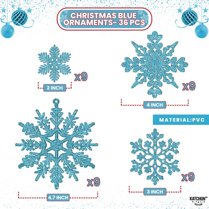 KatchOn, Blue Snowflake Ornaments for Christmas Tree - Large, Pack of 36 Glitter Hanging Snowflake Decorations, Christmas Tree Decorations Snowflake Christmas Tree Topper Christmas Hanging Decor
