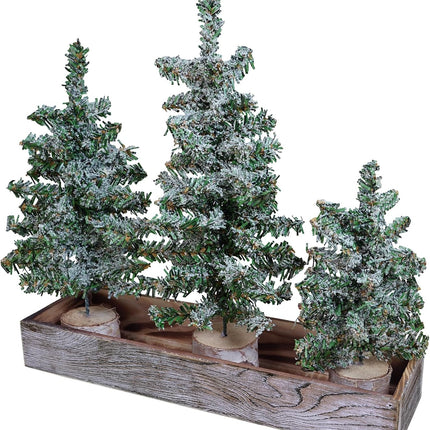 Winlyn Set of 3 Mini Snowy Artificial Canadian Pine Christmas Trees with Wood Bases Small Tabletop Christmas Trees in Rustic Wood Planter for Christmas Winter Table Centerpiece Holiday Decorations